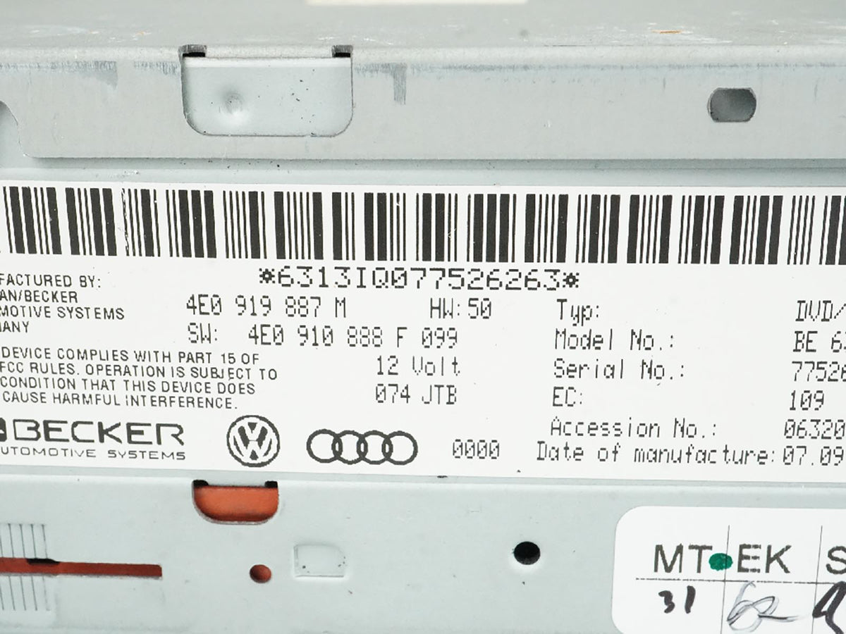 07-11 Audi Q7 4L Navigation Gps Dvd Player Receiver Becker Unit 4E0910888F OEM