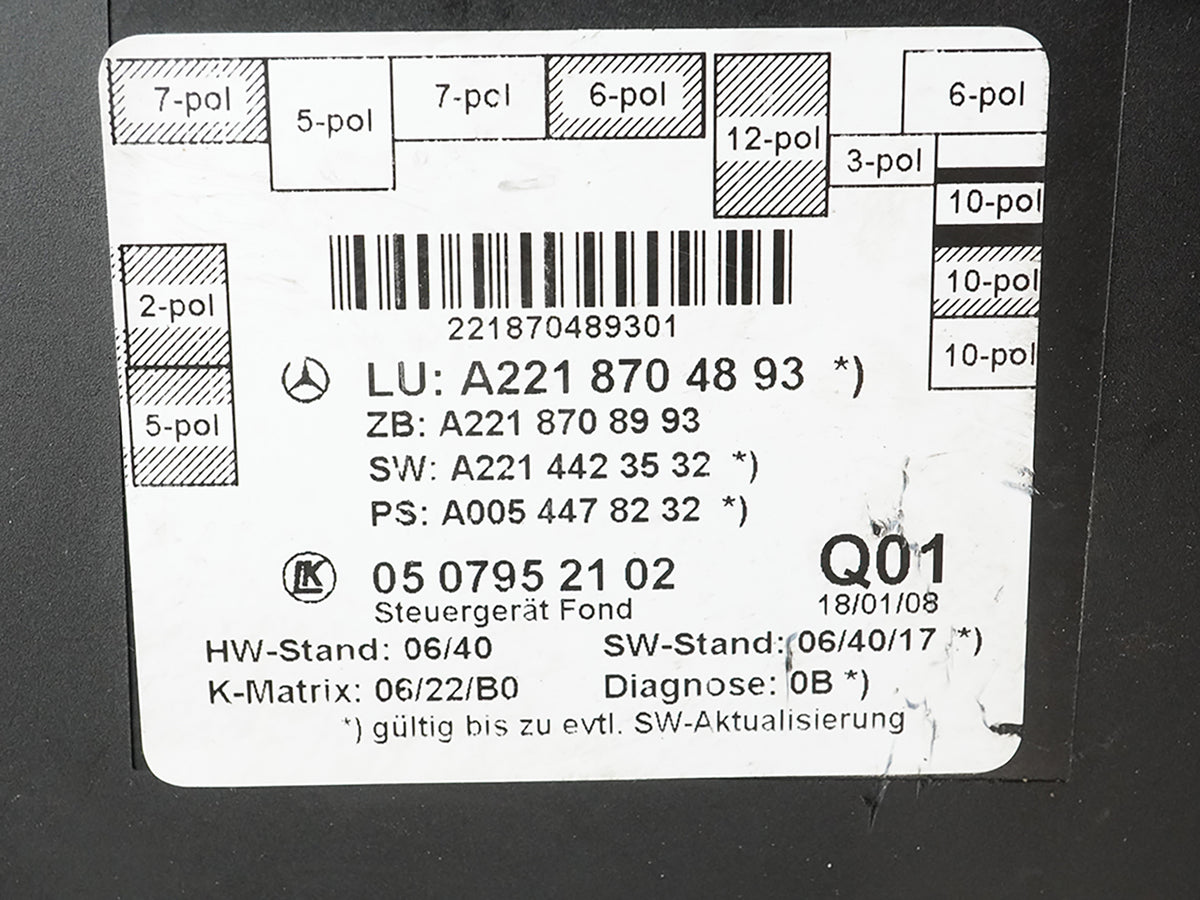 2007 - 2013 Mercedes Benz S Class W221 Door Module Control Rear 2218704893 OEM